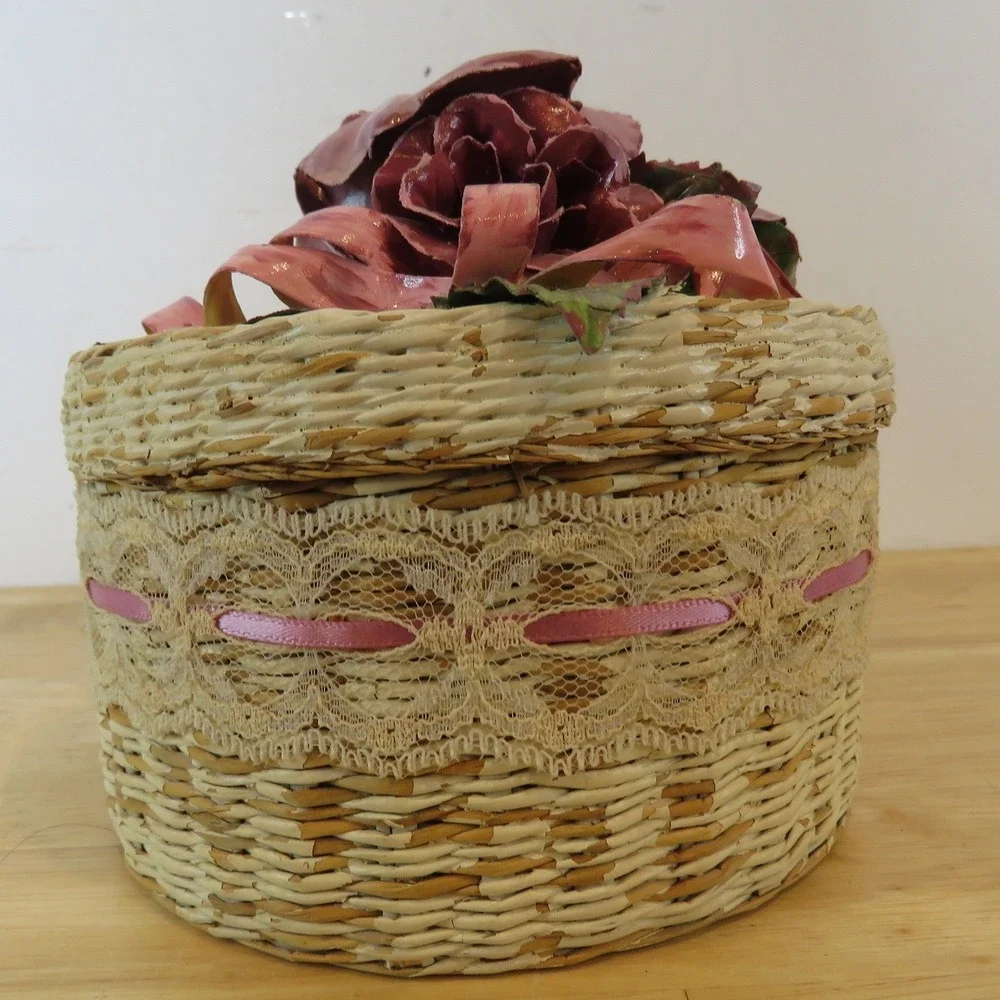 Vintage Floral Woven Nesting Baskets Set of 4 Decorative Lace Trim Storage Boxes